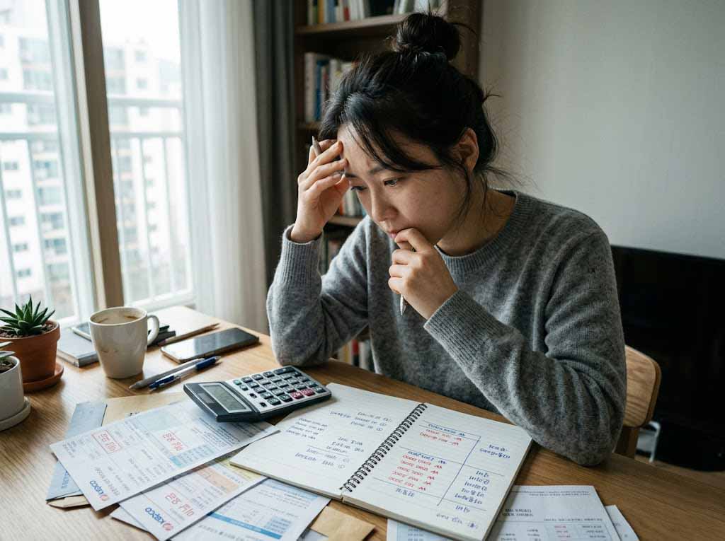 프리랜서 수익 창출 실패와 매출 하락으로 인해 계산기를 두드리며 세금과 현금 흐름을 걱정하는 모습입니다.