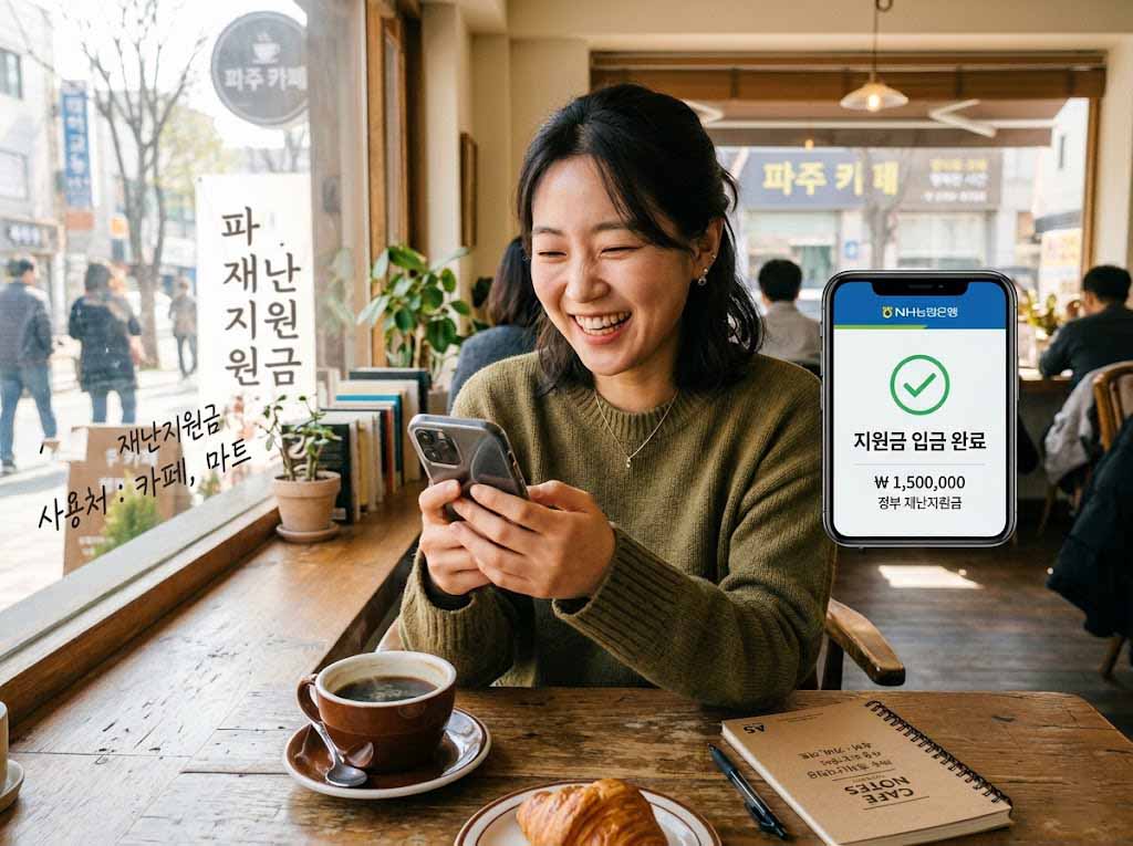 2026년 정부지원금 지급 소식을 스마트폰 알림으로 확인하고 기뻐하는 모습