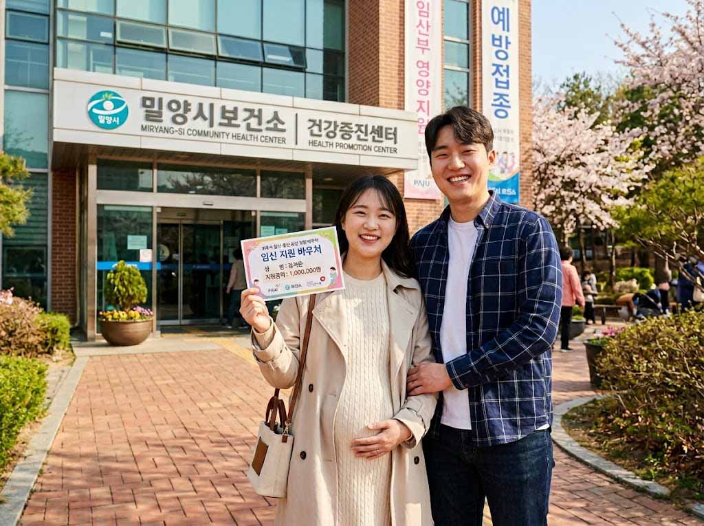 2026년 밀양시 보건소 앞에서 임신지원금 안내서를 들고 환하게 웃고 있는 한국인 예비 부모의 모습 밀양임신지원금 밀양출산장려금