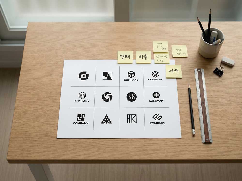 흑백 미니멀 로고 그리드를 놓고 형태와 여백을 비교하는 책상