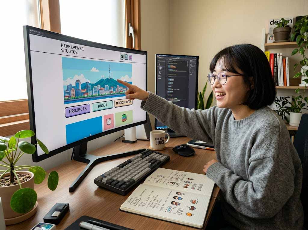 완성된 도트 디자인을 웹사이트 레이아웃에 적용해 보는 모습