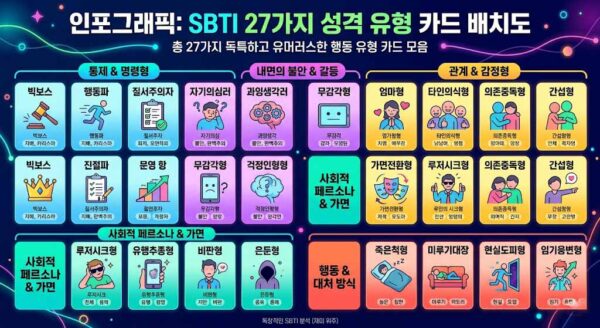 SBTI 27가지 성격 유형이 카드 형태로 정리된 인포그래픽. 빅보스, 자기의심러, 엄마형, 무감각형 등 주요 SBTI 유형 이름이 표시되어 있음.