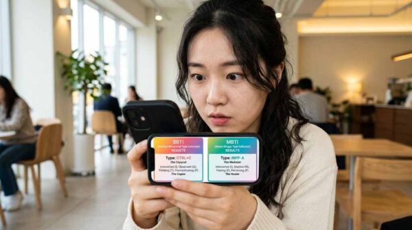 스마트폰 화면에 SBTI 결과와 MBTI 결과가 나란히 표시되어 있는 장면. SBTI MBTI 비교 차이점을 보여주는 이미지.