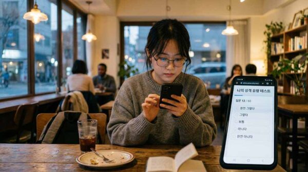 한국인이 스마트폰으로 SBTI 공식 사이트에 접속하여 성격 테스트 문항에 답하고 있는 장면. SBTI 검사 방법 및 공식 사이트 바로가기 관련 이미지.