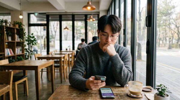한국인이 조용한 공간에서 스마트폰 화면에 표시된 SBTI 유형 결과를 천천히 읽으며 생각에 잠긴 장면. SBTI 유형 자기 이해 관련 이미지.