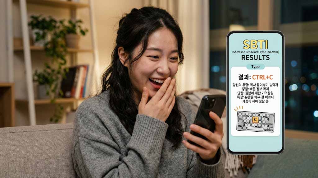 스마트폰 화면에 SBTI 성격 테스트 결과 유형이 표시되어 있고, 한국인이 결과를 보며 놀라는 표정을 짓고 있는 장면. SBTI 테스트 결과 확인 모습.