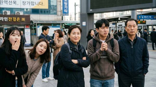 여러 명의 한국인이 같은 상황에서 각기 다른 표정과 반응을 보이는 장면. SBTI 유형별 행동 패턴 차이를 시각적으로 표현한 이미지.