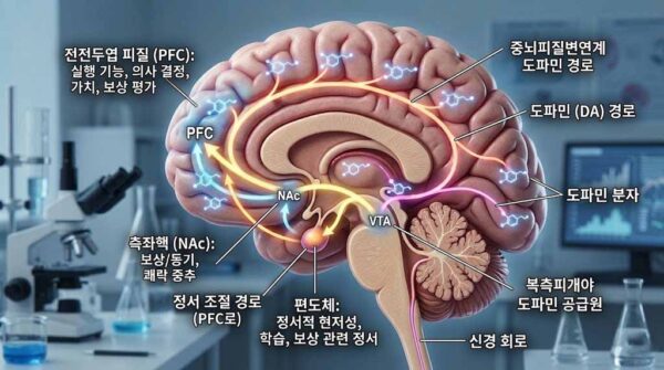 인간의 뇌 속에서 도파민이 분비되는 과정을 나타내는 신경 회로 이미지, 뇌의 보상 시스템과 관련된 시각 자료.