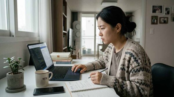 깔끔하게 정리된 책상 위에서 집중적으로 일하는 사람의 모습, 미루기를 극복하고 생산성을 높이는 모습.