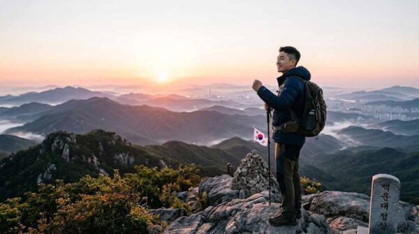 산 정상에서 떠오르는 태양을 바라보는 사람의 모습, 목표를 이루기 위한 성취감과 희망을 상징.