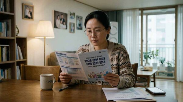 한국인이 2026년 기초생활보장제도 주요 변경사항 안내 팸플릿을 읽고 있는 모습, 기초생활수급자 조건 2026 달라진 점