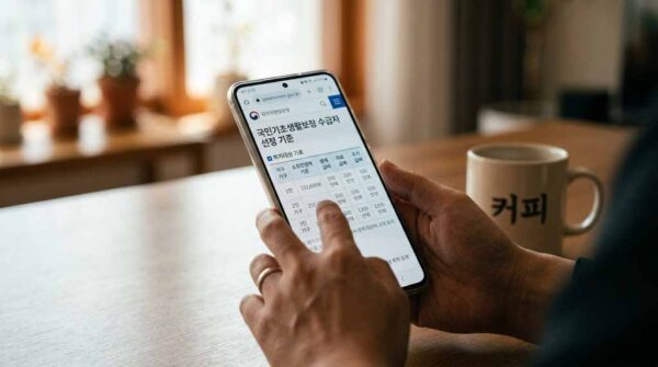 한국인이 스마트폰 화면에서 2026년 기초생활수급자 기준 중위소득 표를 확인하는 모습, 기초생활수급자 조건 2026 확인