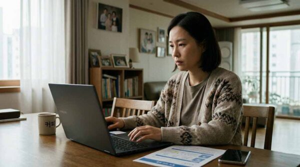 한국인이 노트북으로 복지로 홈페이지에서 기초생활수급자 소득인정액 모의계산을 하는 모습, 소득인정액 계산방법 안내