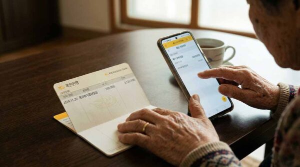 한국인 노인이 통장 입금 내역을 확인하며 기초생활수급자 생계급여 지급액을 확인하는 모습, 2026년 생계급여 지급액
