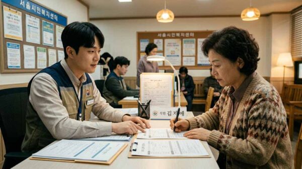 한국인이 읍면동 주민센터 창구에서 기초생활수급자 신청 서류를 작성하고 있는 모습, 기초생활수급자 신청방법 안내