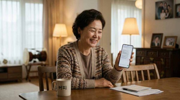 한국인 중년 여성이 복지 급여 신청 완료 후 안도하는 표정으로 스마트폰을 바라보는 모습, 기초생활보장제도 신청 완료