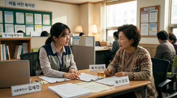 한국인 중년 여성이 주민센터 복지 담당 창구에서 기초생활수급자 신청 상담을 받고 있는 모습, 기초생활보장제도 신청 안내