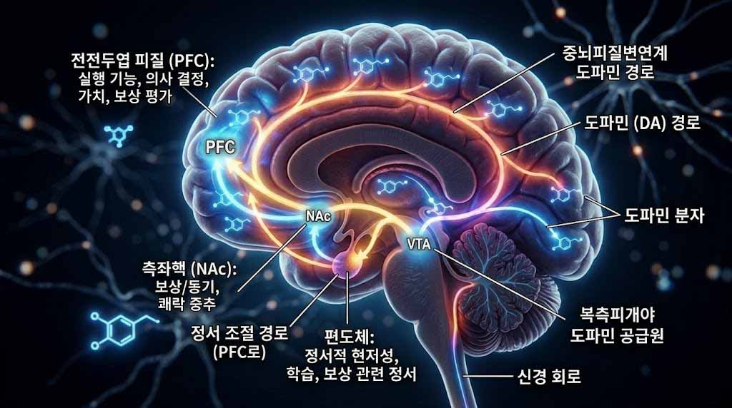 도파민 보상 시스템을 나타내는 뇌 구조 일러스트, 도파민 루프와 스마트폰 중독의 관계를 설명하는 뇌과학 이미지