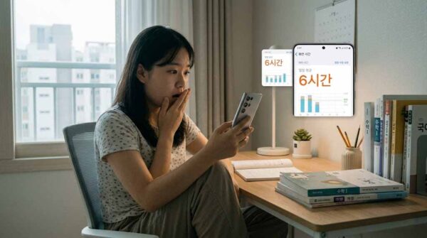 스마트폰 스크린 타임 사용 통계를 확인하는 한국인, 하루 평균 사용시간과 스마트폰 과의존 위험군 통계 관련 장면