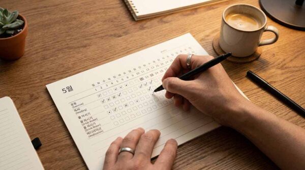달력에 매일 습관 실천 여부를 체크하며 기록하는 한국인의 손 클로즈업, 습관 형성 기간과 66일 법칙