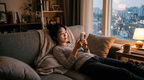퇴근 후 소파에 누워 스마트폰을 보는 한국인의 모습, 나쁜 습관 루프와 도파민의 관계를 보여주는 일상 장면