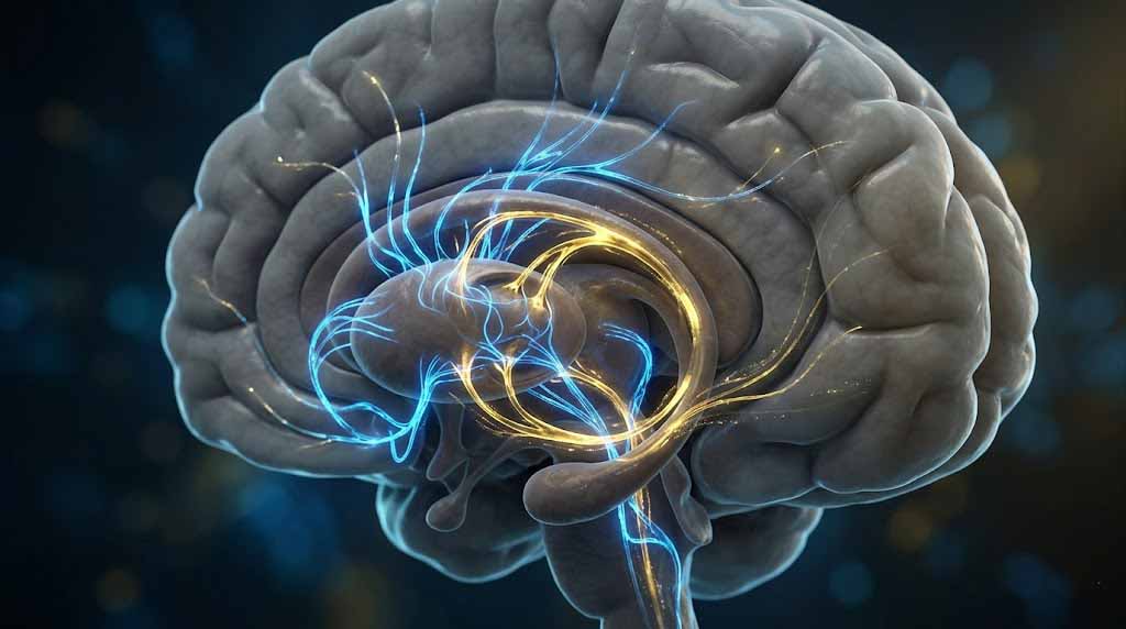 뇌과학에서 습관 형성을 담당하는 기저핵 부위를 시각적으로 설명하는 뇌 구조 이미지, 습관 루프와 뇌과학 연관성