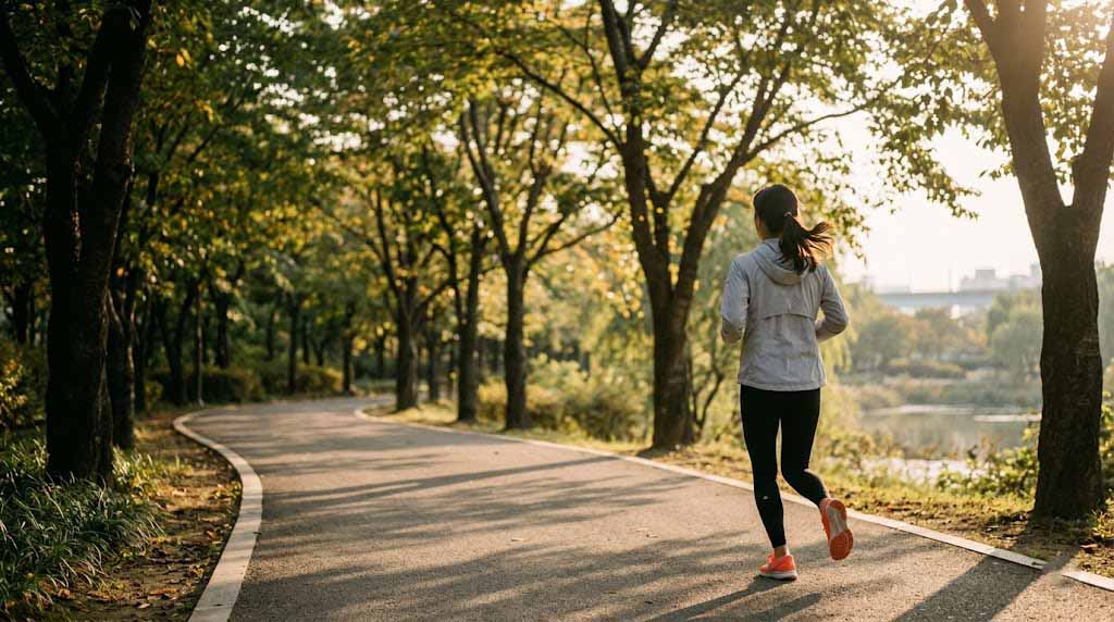 이른 아침 공원에서 가볍게 조깅하는 한국인의 뒷모습, 좋은 습관이 일상이 된 모습