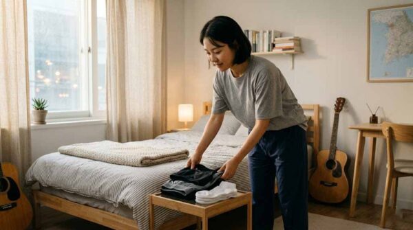 아침에 운동복을 미리 침대 옆에 놓아두고 루틴을 준비하는 한국인의 모습, 좋은 습관 만들기와 신호 설계