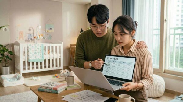 한국인 부부가 노트북으로 신생아 특례대출 금리표를 확인하는 모습, 저금리 주택대출 소득별 금리 비교