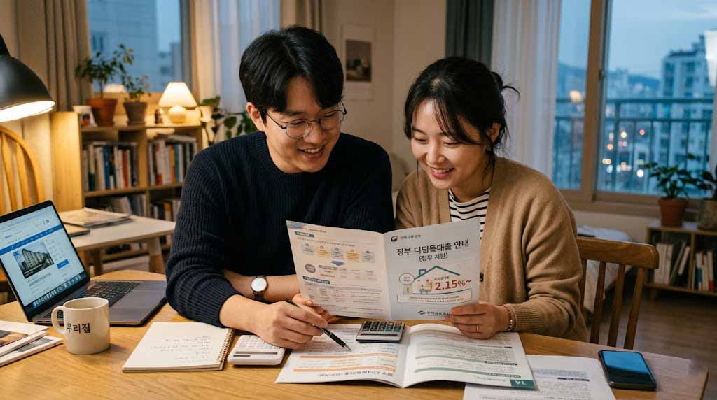 젊은 부부가 신생아 특례대출 안내 자료를 함께 살펴보며 대출 조건을 확인하는 장면, 신생아 특례대출 신청 정보