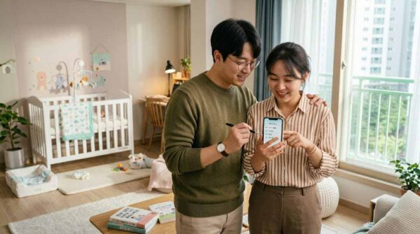 한국인 부부가 스마트폰으로 신생아 특례대출 자격 조건을 확인하는 모습, 출산가구대출 소득 기준 체크