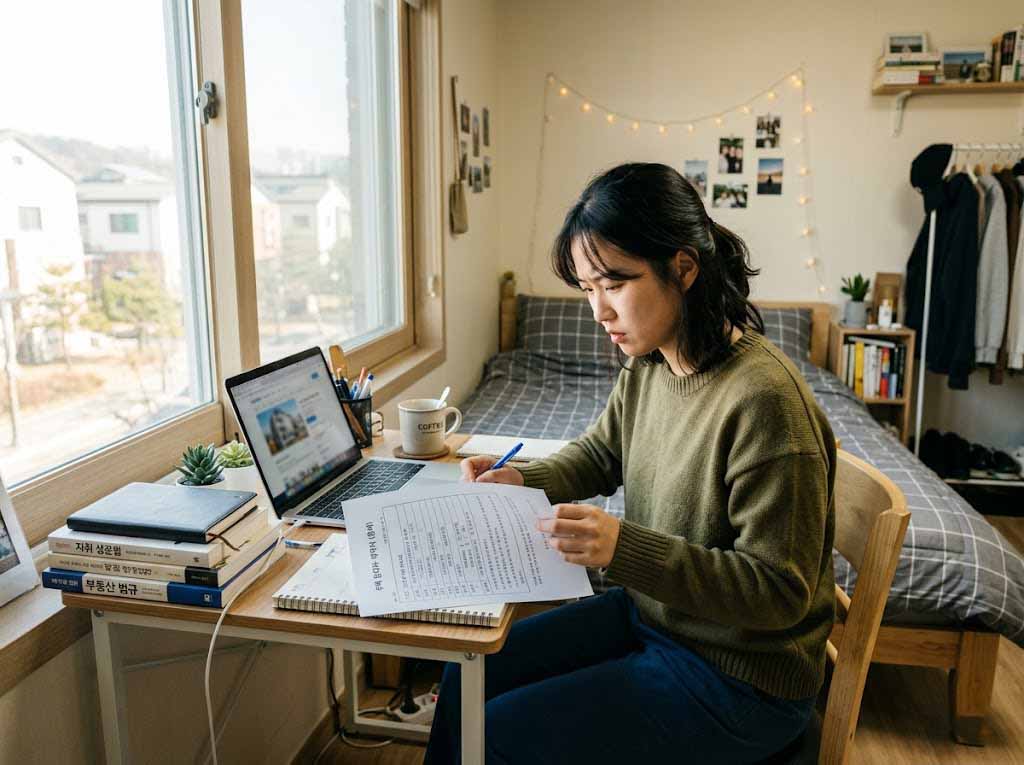 청년월세지원 2026 대상 조건을 확인하는 청년이 원룸에서 임대차 계약서를 살펴보는 모습