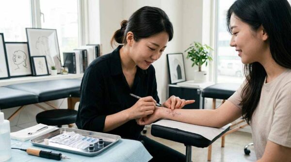 타투이스트가 고객의 피부 상태를 살피며 파인라인 타투 상담을 진행하는 장면, 타투 부위 추천과 피부 조건 확인 과정