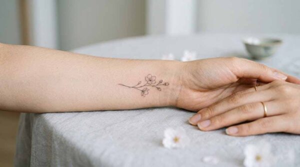 파인라인 타투가 새겨진 한국인 여성의 손목과 팔 클로즈업, 미니멀하고 섬세한 꽃 디자인의 파인라인 타투 스타일
