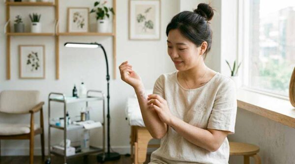 완성된 파인라인 타투를 흐뭇하게 바라보는 한국인, 섬세한 미니멀 타투 디자인이 피부 위에 선명하게 새겨진 모습